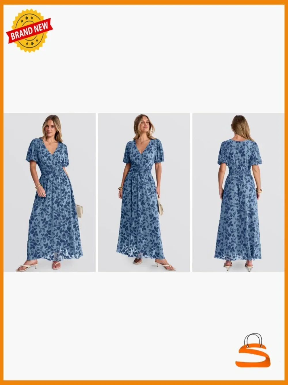 Floral Maxi Formal Dress Short Sleeve V-Neck Empire Waist Wedding Guest